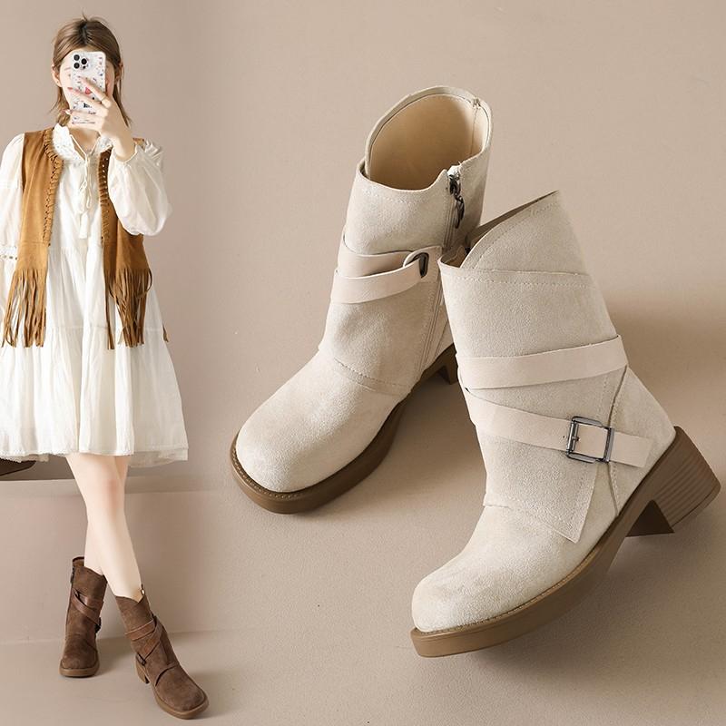 Fashion Retro Single Boot Fall New Round Toe Side Zip Metal Buckle Suede Platform Non-Slip Block Heels
