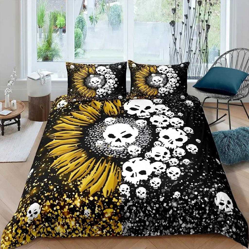 Gotisches Zuckerschädel Knochen Bettwäsche Set Skelett Hand Bettdecke Bezug Rosenblätter Romantische Blumen