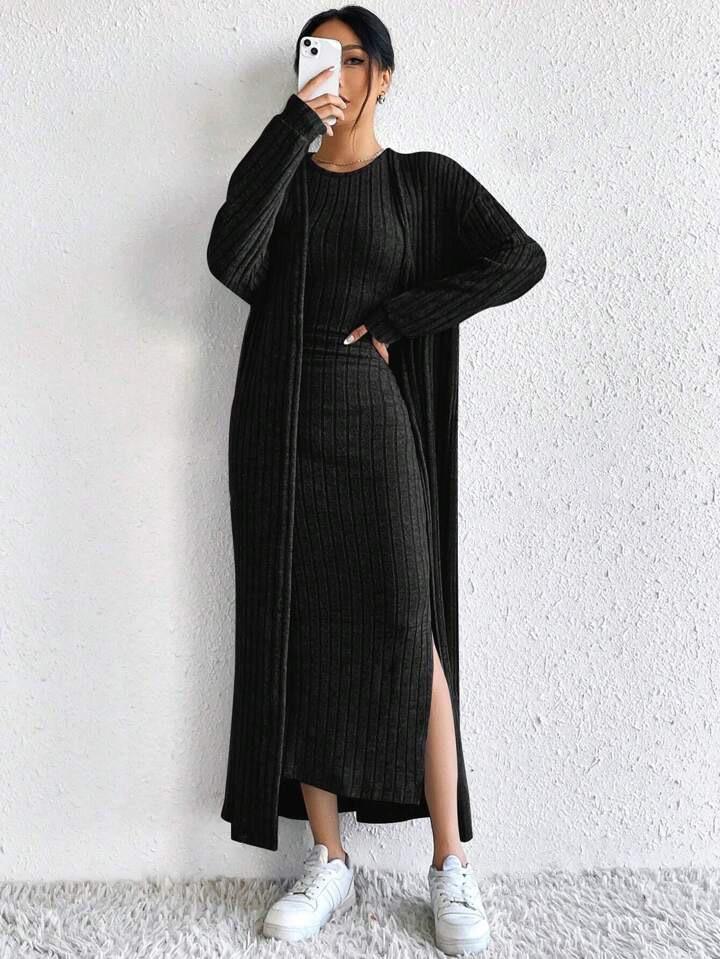 Spot Hot-selling Women's Clothing European Beautiful Women Autumn Fashion Vest Dress Long Sleeve Long Coat Two-piece Set