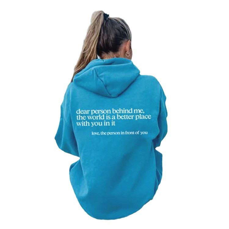 Women'S Fleece Shoulder Sleeve Sweater Letter Slogan Printed Kangaroo Pocket Drawstring Printed Hoodie
