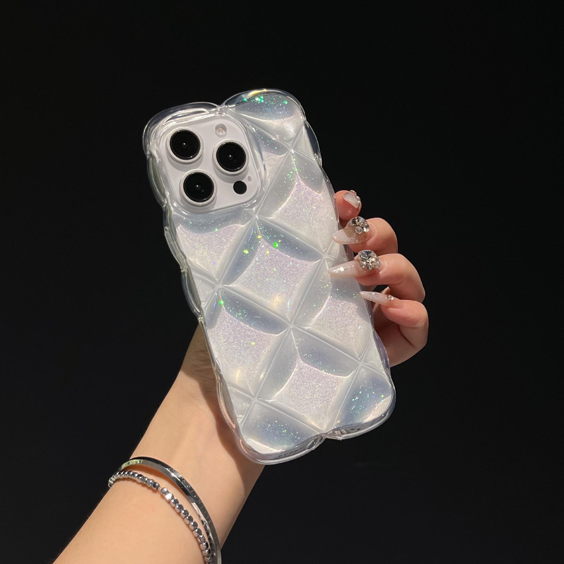 

3D Rhombus Pattern Phone Case For iPhone 16 15 14 13 12 11 Pro Max Epoxy Glitter Silver Foil Soft Shockproof Back Cover iPhone 16 Pro Max