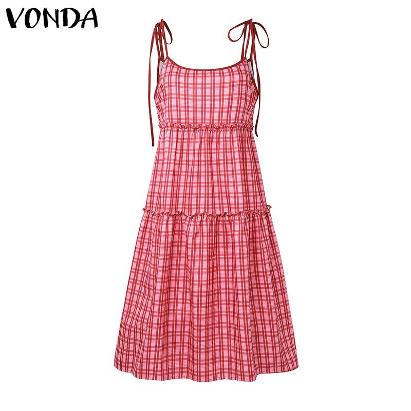 

VONDA Женское повседневное платье-майка без рукавов на бретелях в клетку, свободного кроя, плиссированное 3XL красный