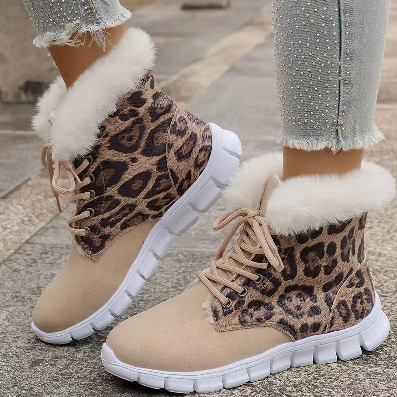 Winter Leopard Print Cotton Padded Shoes Women Anti Slip Lace Up Warm Fur Snow Boots Woman Plus Size 43 Fluffy Ankle Boots 36 5640₽
