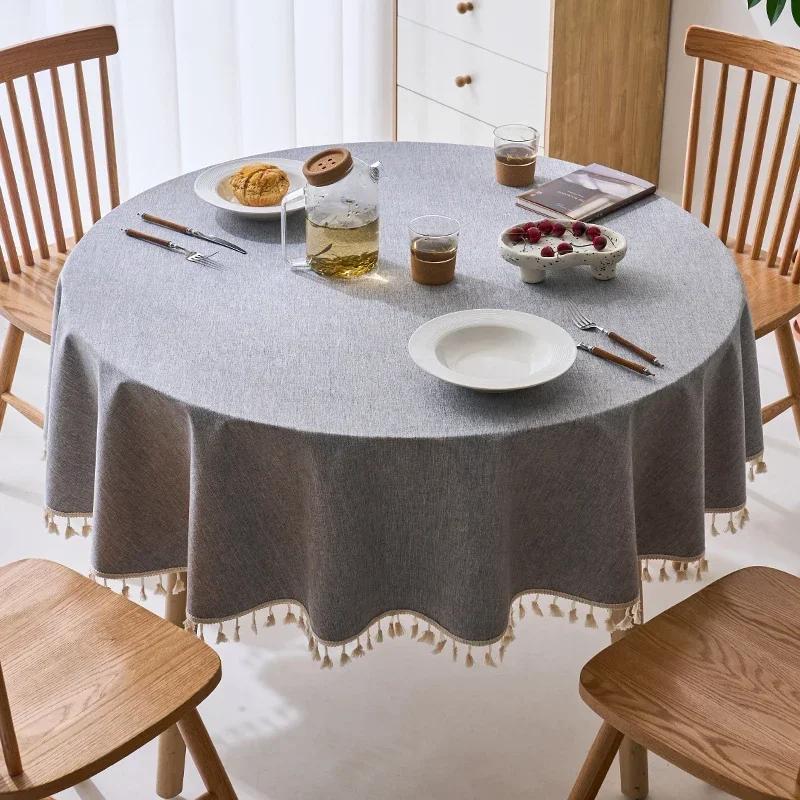 Tassels Tablecloth Waterproof Solid Color Table Cloth Round Cotton Linen Table Cover Dining Party Hotel Desk Case
