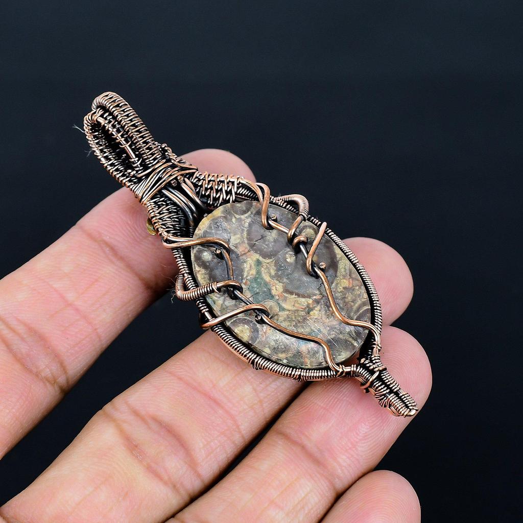 Crocodile Jasper 999 Copper Wire Wrapped Pendant, Handmade Gemstone Jewelry Pendant Gift For Birthday