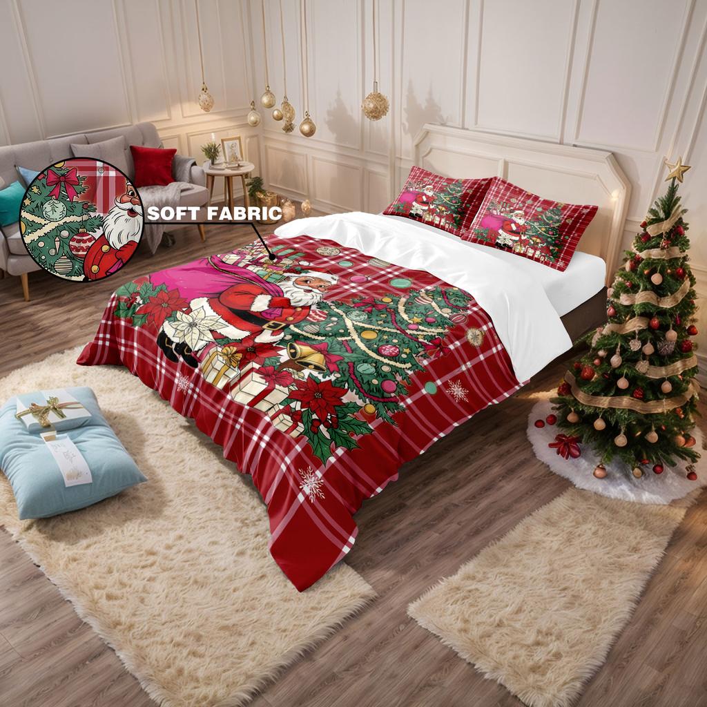 3Pcs Red Santa Claus Print Coreless Duvet Cover Set Multi Size Bedroom Holiday Bedding Decoration Soft Machine Washable