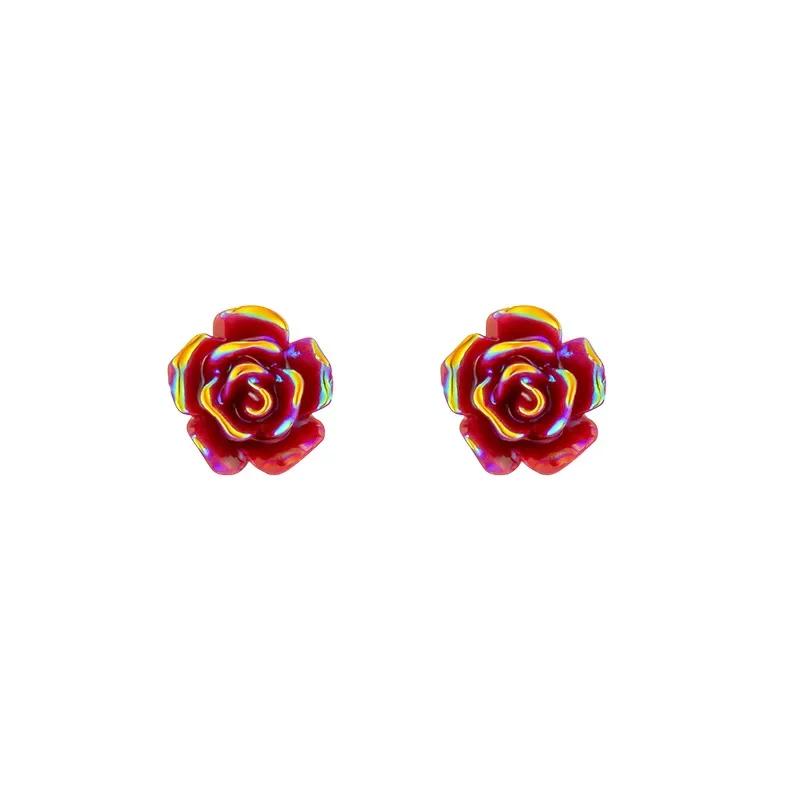 PONYKISS Silver Colorful Rose Cute Plant Stud Earring for Women Minimalist Fine Piercing Screw Bead Accessories