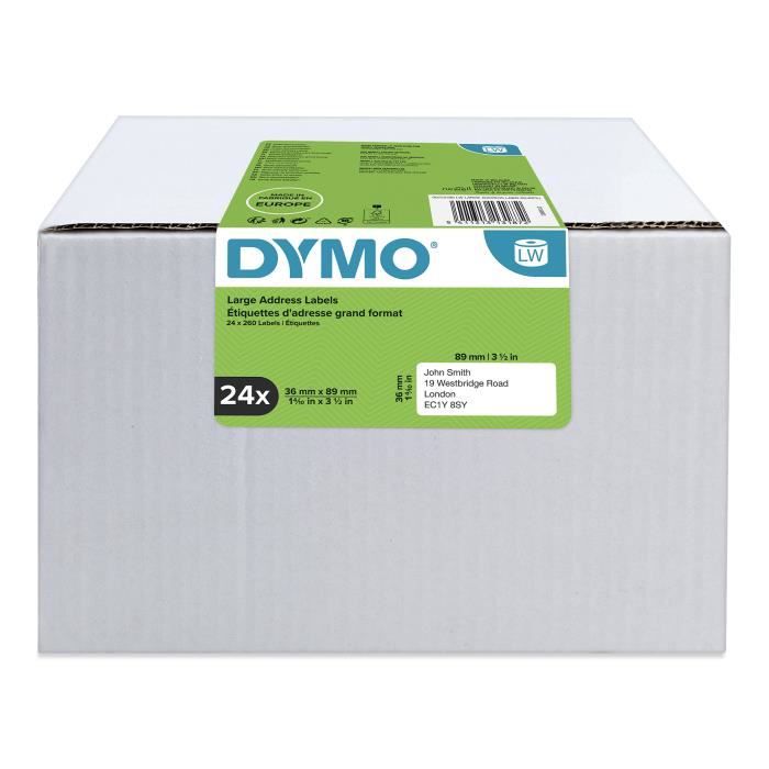 Pack de 24 rouleaux d'étiquettes adresse grand format 36mm x 89mm DYMO LabelWriter