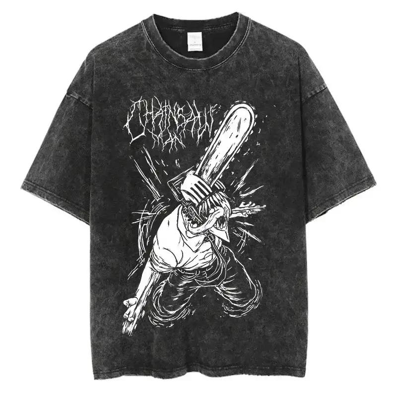 Kettensägenmann Power Anime Bedrucktes T-Shirt für Herren und Damen Gewaschenes T-Shirt Hohe Qualität Vintage Baumwoll-T-Shirt YK Tops
