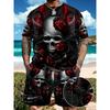 Men's Skull 3D Digital Printing Rose Element Casual T-shirt Summer Sports Suit Fashionable Two-piece Set