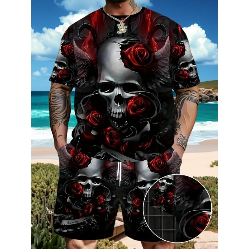 Men s skull 3D digital printing rose element casual T-shirt summer sports suit fashionable two-piece set S