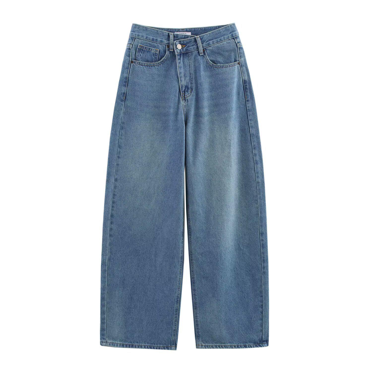 

Women s Double-Breasted High-Waisted Wide-Leg Jeans - Summer Fashion L