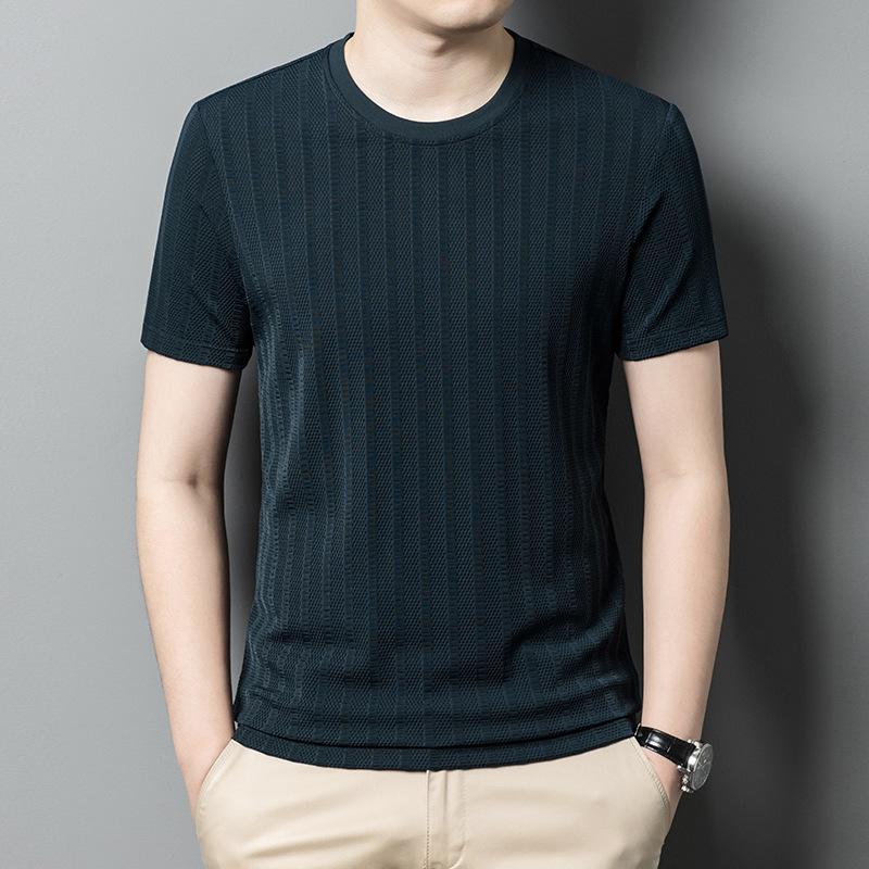 

Summer Elastic Fashion Middle-aged Men s T-shirt Round Neck Striped Thin Casual Short-sleeved T-shirt Men s Clothing