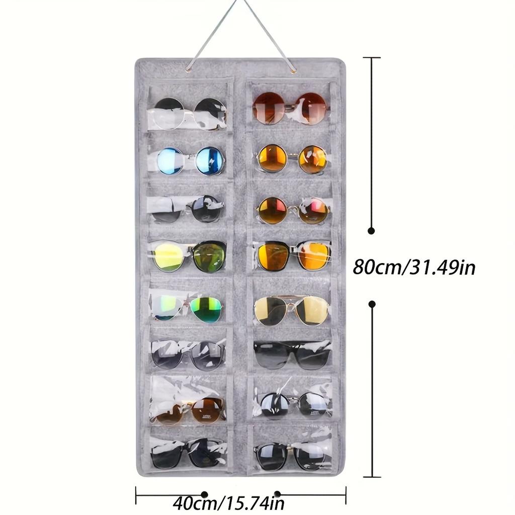 1pc Wall Hanging Eyeglasses Storage Organizer Felt Backing Easy To Wipe Foldable Eyewear Storage Bag with 16 Transparent Pouch