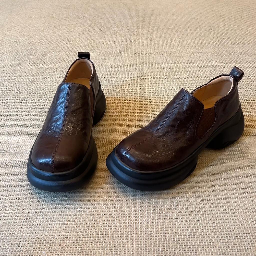 Retro British style round head thick-soled small leather shoes autumn and winter muffin bottom middle mouth one pedal single shoes loafers