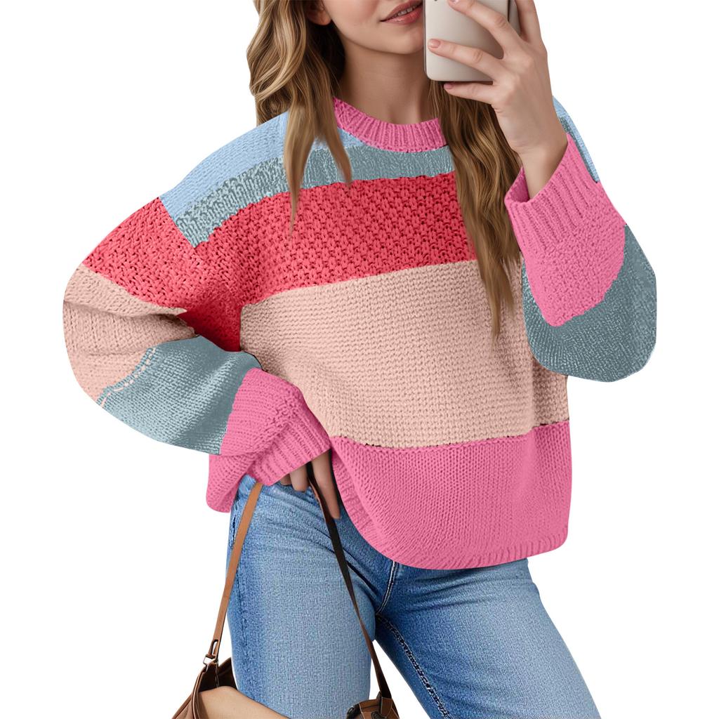 Women's Color Block Cropped Sweaters Winter Trendy Casual  Going Out Striped Pullover Tops