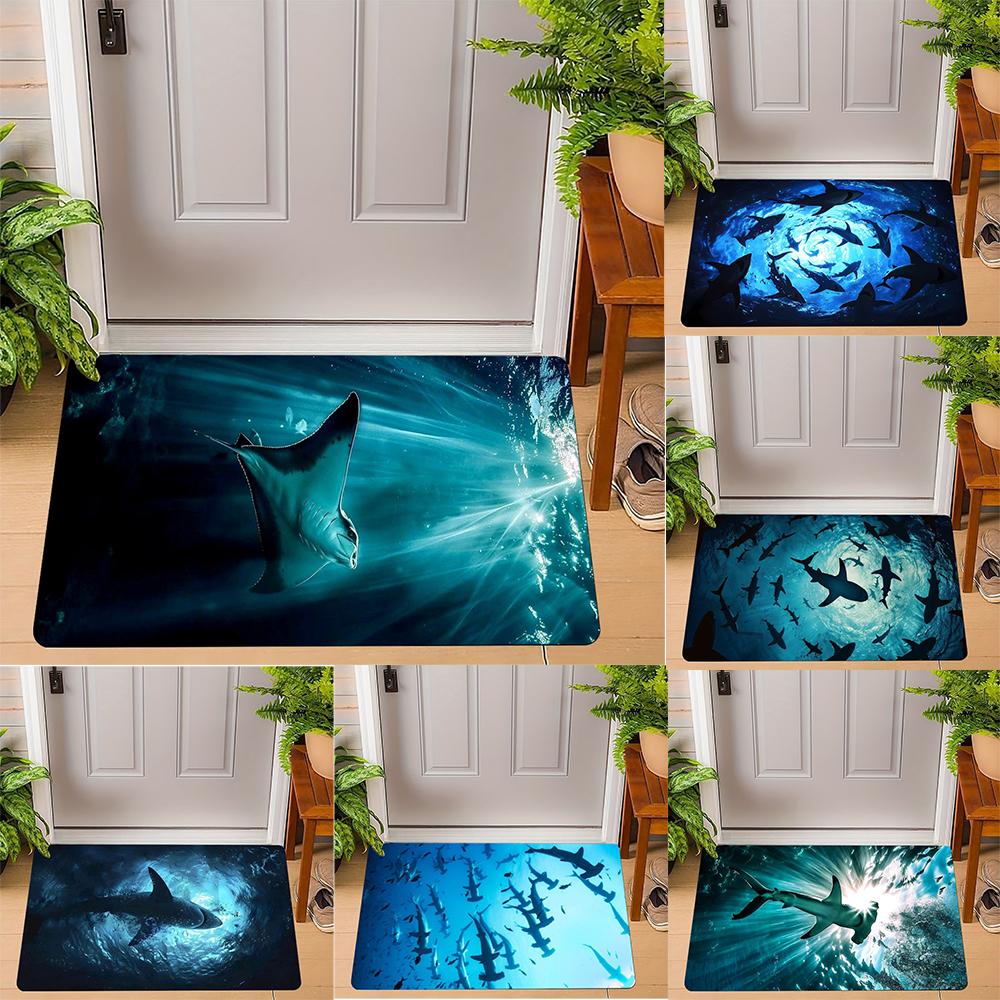 Lodestar White/Light Ocean Creature Door Mat With Manta Ray Hammerhead Shark Great Shark Underwater Sea Art Designs For Home Decor