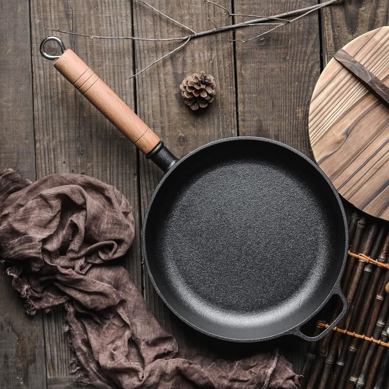 Non-Stick Cast Iron Flat-Bottom Wok - Gas Stove Compatible Pancake and Steak Frying Pan
