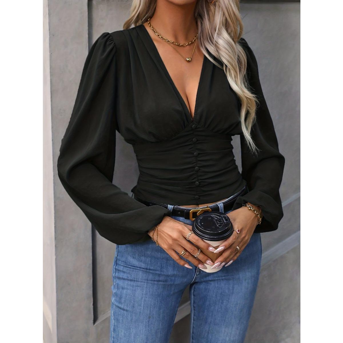 

Spring Women s Solid Color V-Neck High Waist Puff Long Sleeve Elegant Blouse S чёрный