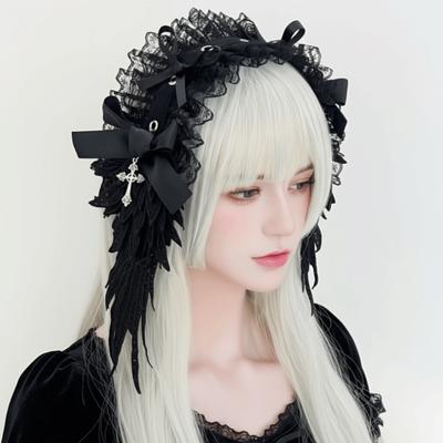 Cute Spicy Girl Lolita Wings Lace Headband Rivet Y2k Lolita Hair Clip Kawaii Black Ruffled Hairband Daily