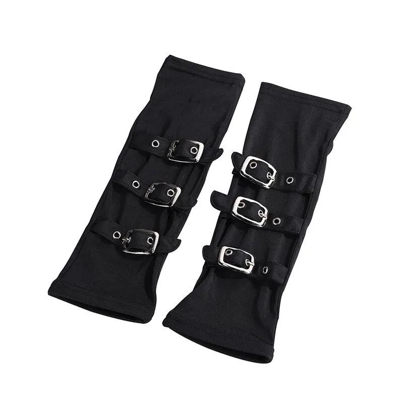 Women Half Finger Metal Buckle Belt Rivet Punk Hip Hop Party Cosplay Dance Mitten Black Fingerless Milk Silk Glove Cuff R46