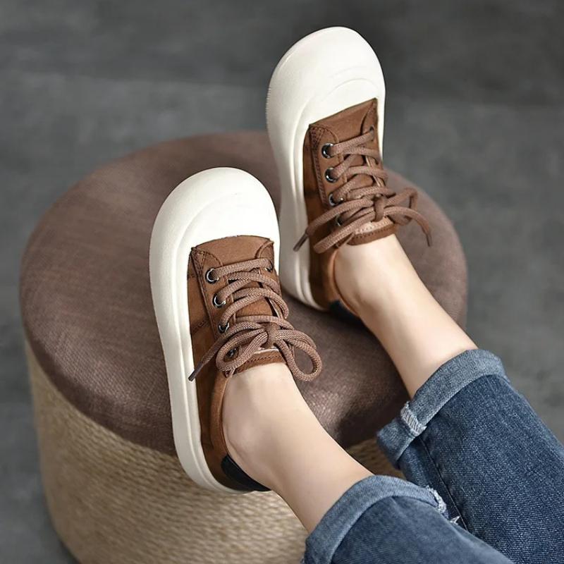 Johnature Genuine Leather Casual Women's Shoes Versatile Lace Up Round Toe Thick Soled Flat Shoes