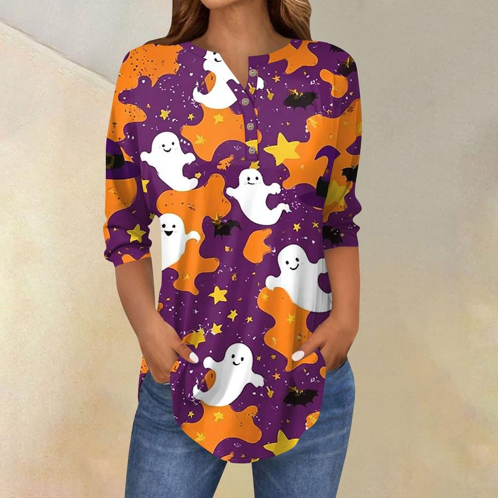 Women's Fashion Loose Button Collar Halloween Print Long Sleeve T-Shirt Top Pullover