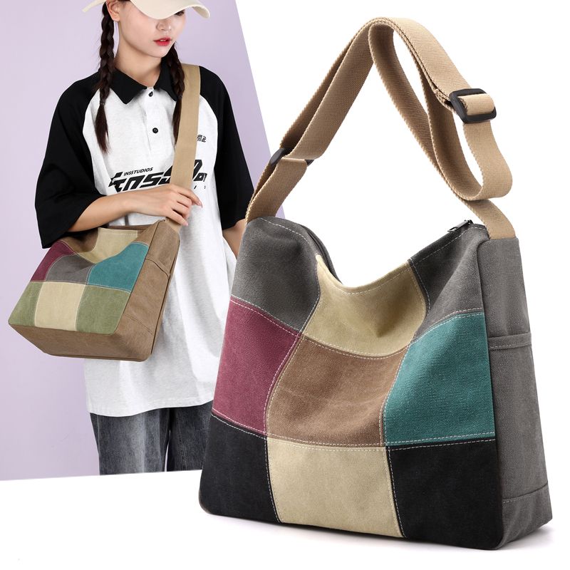 Damen Farbblock Patchwork Canvas Umhängetasche Lässige Schultertasche Mode Outdoor Einkaufen