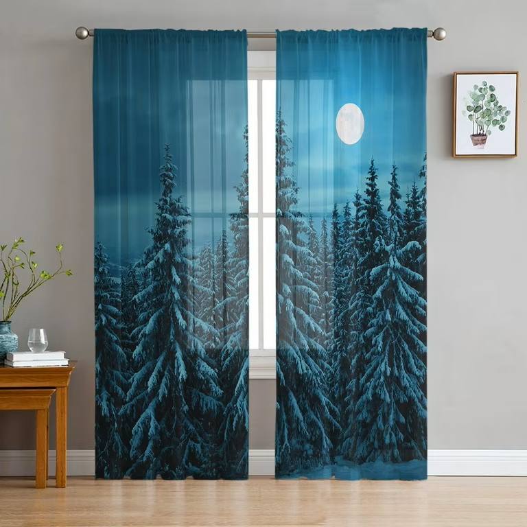 Winter Forest Tree Snowflake Semi Curtains Living Room Snowy Landscape Print Tulle Curtain Drapes Window Treatments Sheer Polyester Great Treatment