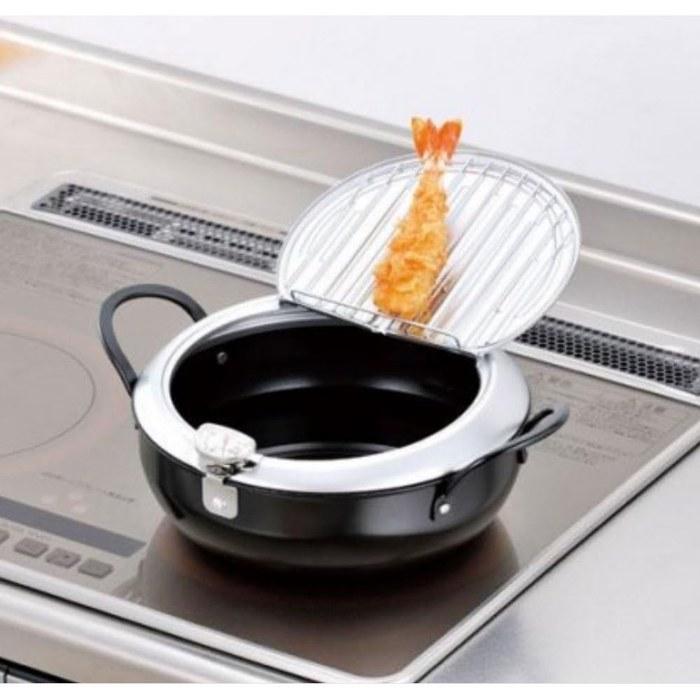 Heiwa Freiz Yanasando Iron Tempura Pot with Lid 20cm with Thermometer, IH & Gas Compatible, 2.2L, Black, TM-9467
