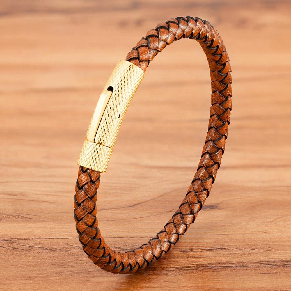 QIKU Fashion Mens Braided Leather Bracelet Black/Brown/Red Stainless Steel Retro Simple Bangle Jewelry Christmas Gift