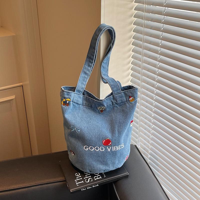 

Ретро сумка-ведро большая вместимость женская новая через плечо на плечо джинсовая вышитая дорожная сумка-ведро светло-синий