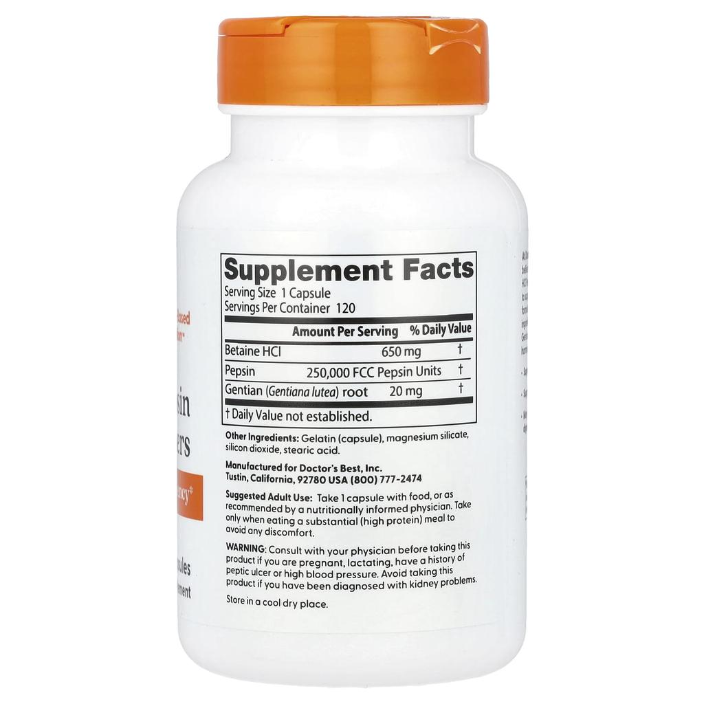 Doctor's Best Betaine Hcl Pepsin and Dragon's Blood Extract, 120 Capsules