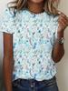 [Printed Design- No Texture] Women's Printed Round Neck Short Sleeve T-Shirt- Blue and White All-over Pattern. Breathable Casual Summer Top. Machine W