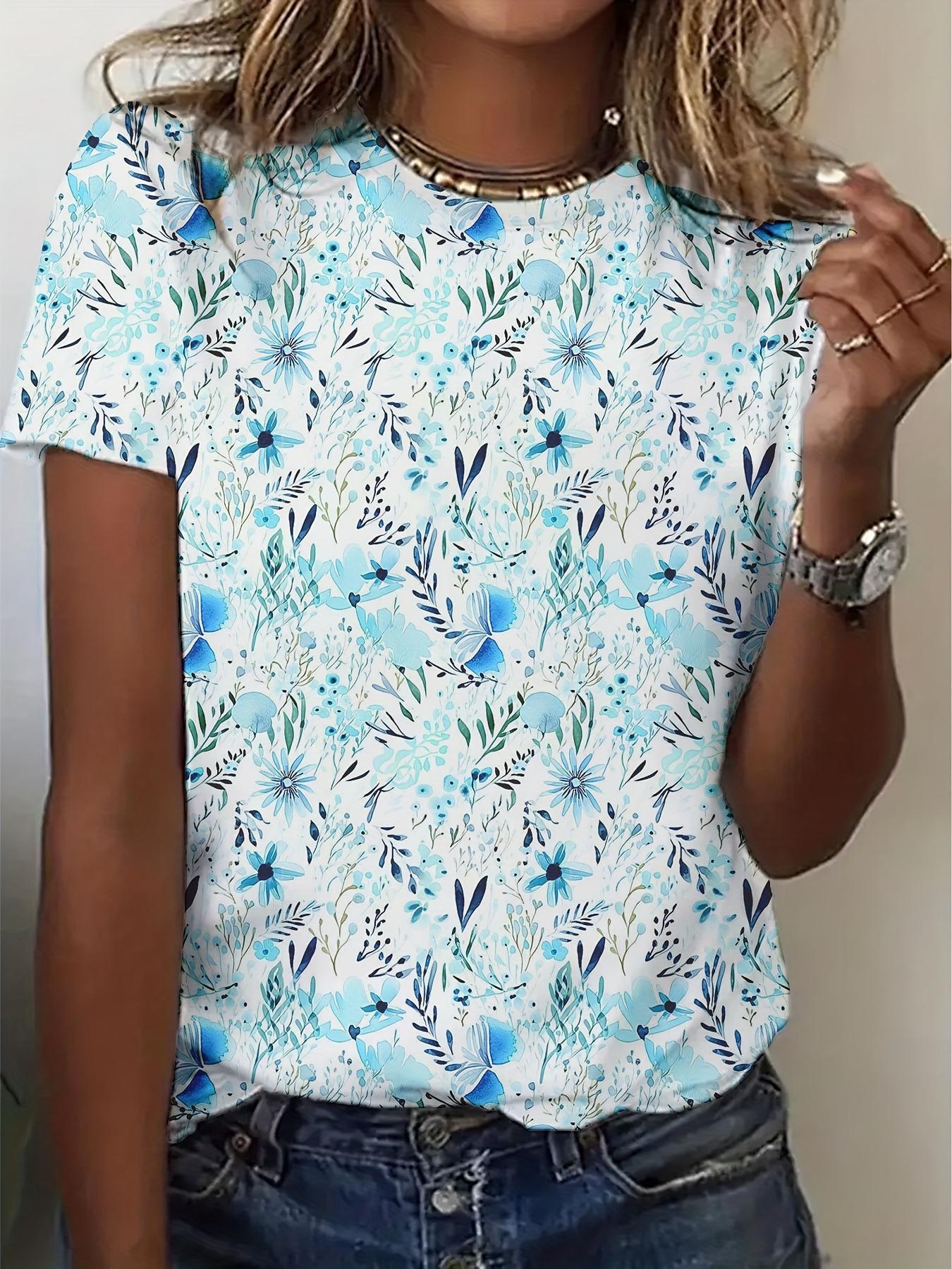 

[Printed Design- No Texture] Women s Printed Round Neck Short Sleeve T-Shirt- Blue and White All-over Pattern. Breathable Casual Summer Top. Machine W M дубильна кора
