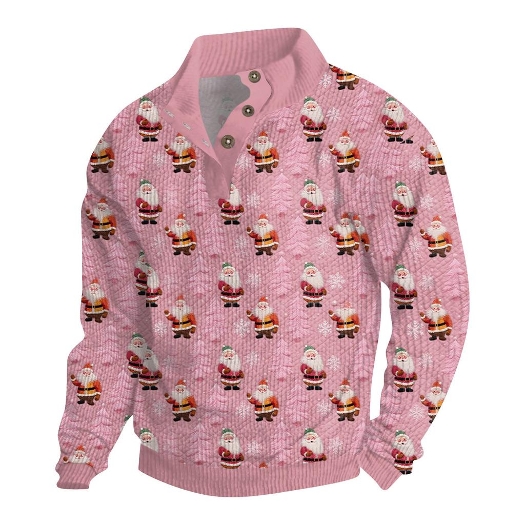 Men's Christmas Cotton Pullover Long Sleeve Outdoor Shirt Vintage Corduroy Button Stand Collar Shirt Casual Sweatshirt Christmas Print Top