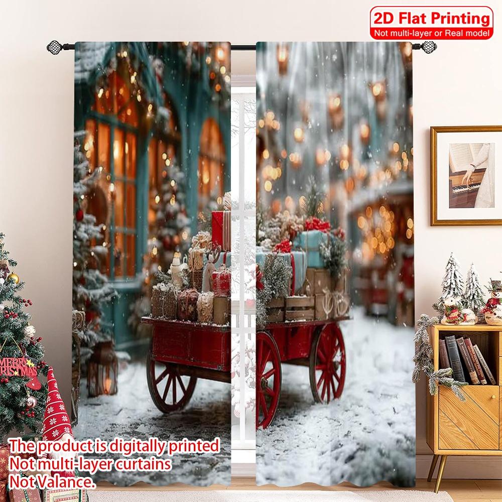 

Set Of 2 Flat Printing Christmas Curtain Red Van Gifts Polyester Without Electricity Holiday Decorations Perfect Room W100*H70(CM)-Hooks&1PCS