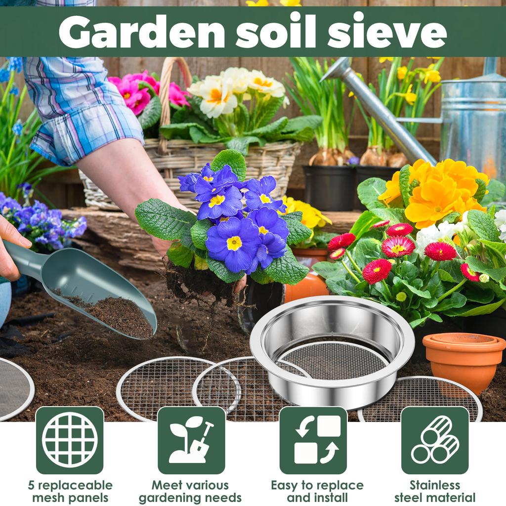Garden Soil Sieve Set Stainless Steel Rock Sifter Screen with 1/3/6/9/12 mm Replaceable Sieve Mesh Garden Plant Nursery Tools