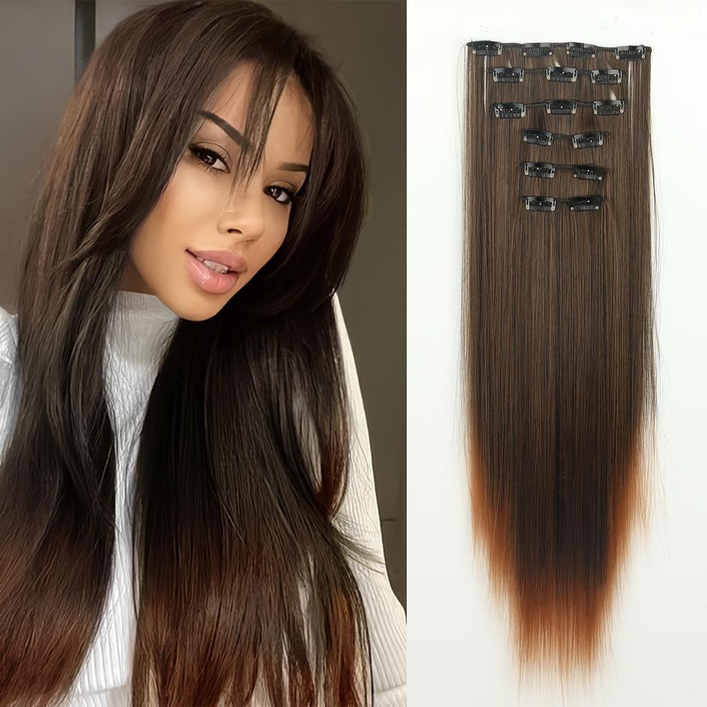 6PCS Clip in Hair Extensions 24" Straight Long Synthetic Hairpieces for Women Daily Party Halloween Black Brown