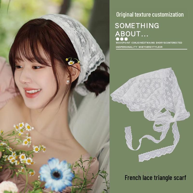 

Женский летний французский пасторальный белый кружевной треугольный платок-бандана