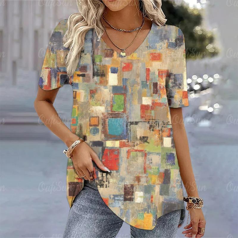Summer Women T-ShirtFashion Printing Gradient Harajuku T Shirt  Female Clothing New Short Sleeve V-Neck Top L