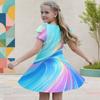 Girls Round Neck Flutter Sleeve Colorful Gradient Printed A Line Flared Dress
