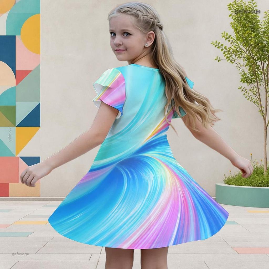 Girls Round Neck Flutter Sleeve Colorful Gradient Printed A Line Flared Dress