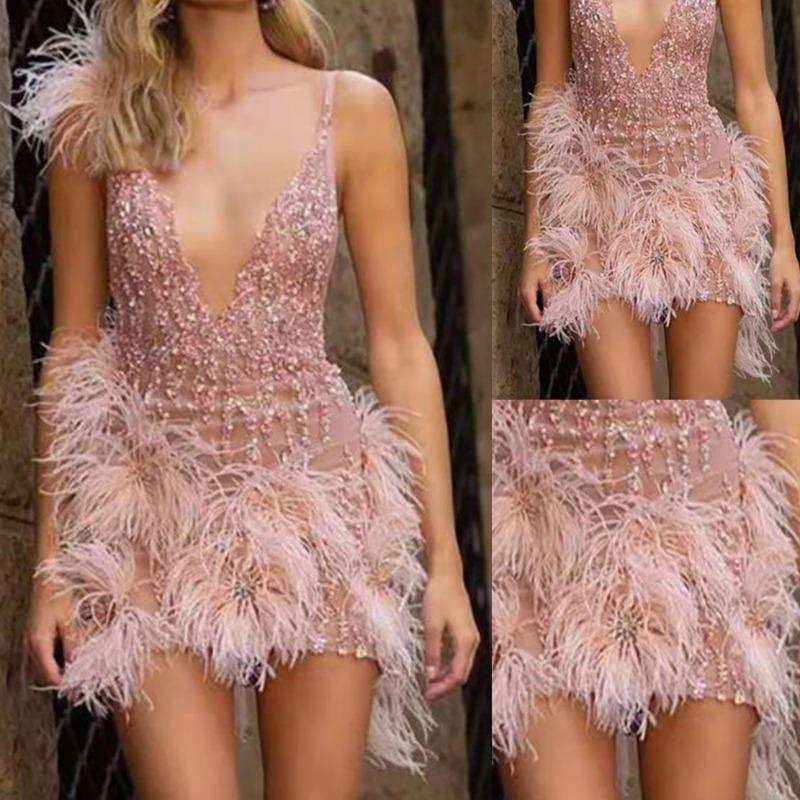Women's Wish Feather Suspender Skirt Deep Neck Sexy Club Party Dress