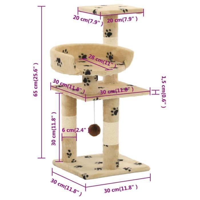 VidaXL Arbre à chat et griffoirs en sisal 65 cm Beige Motif de pattes