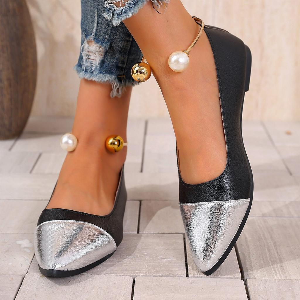 Women's Summer Pointed Toe Low Cut Flats Slip On Shoes with Color Block Design and Metallic Toe Cap for Casual Wear