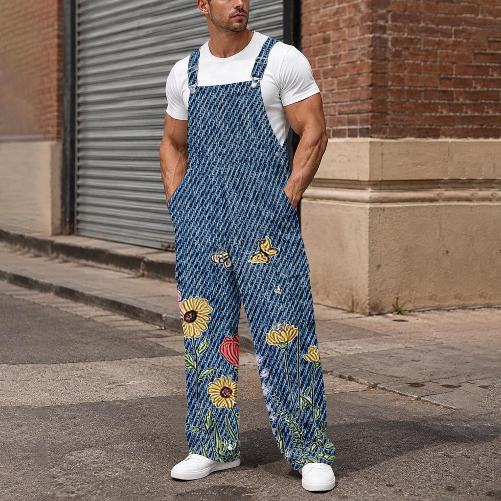 Men's Loose Fit Cargo Overalls Wide Leg Jumpsuit with Multi-Pocket Utility Pockets
