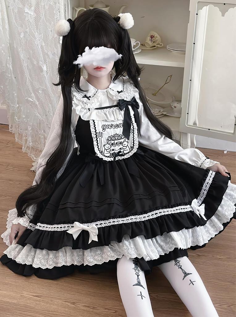 XHSUKADO Lolita JSK Jumper Skirt Camisole Ribbon Dress Kawaii Gothic Lolita Dress Clothing Frills Bear Pattern Mori Girl Princess Cosplay Costume Loli