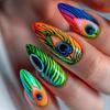 Colorful Gradient Peacock Feather Press-on Almond Nails, Medium-Long Shape, Finished Nail Art Tips
