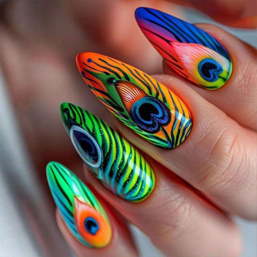 Colorful Gradient Peacock Feather Press-on Almond Nails, Medium-Long Shape, Finished Nail Art Tips